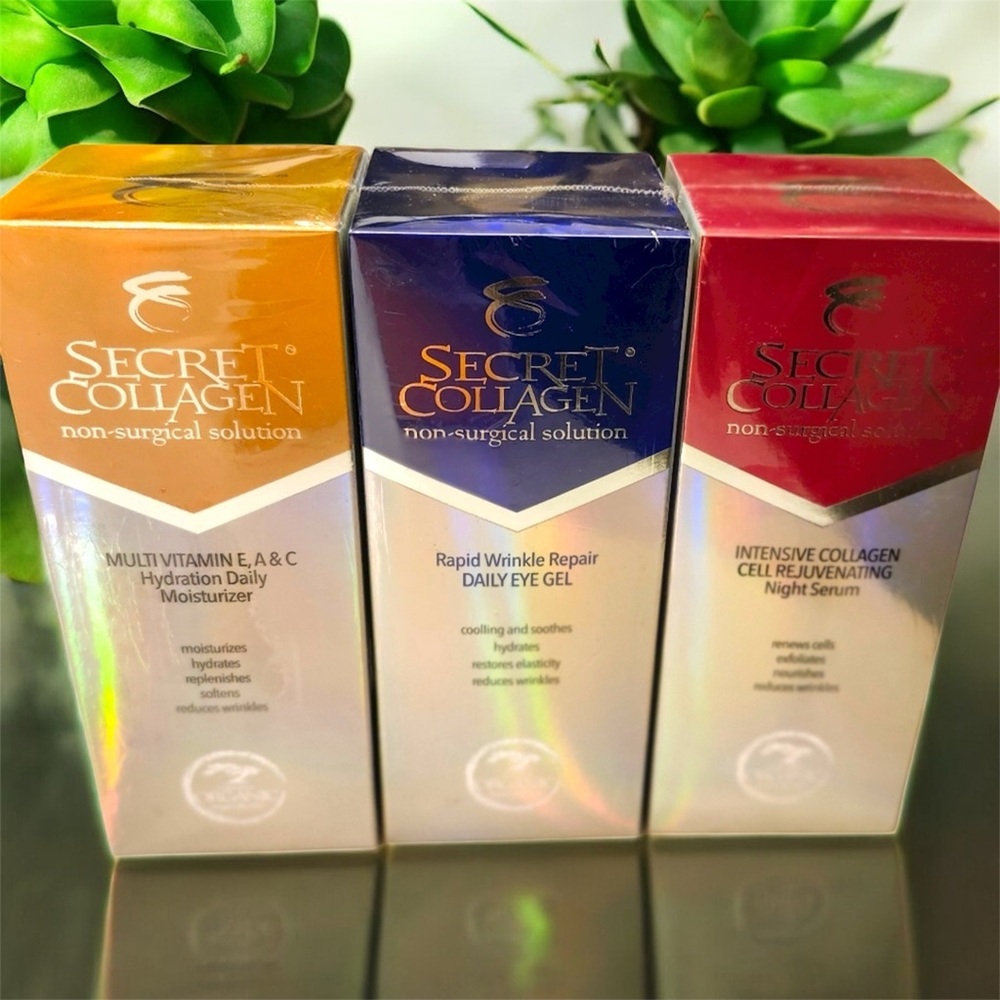 NIB-3 PC Set-Secret Collagen-Daily Moisturizer, Day & Night Eye Serum